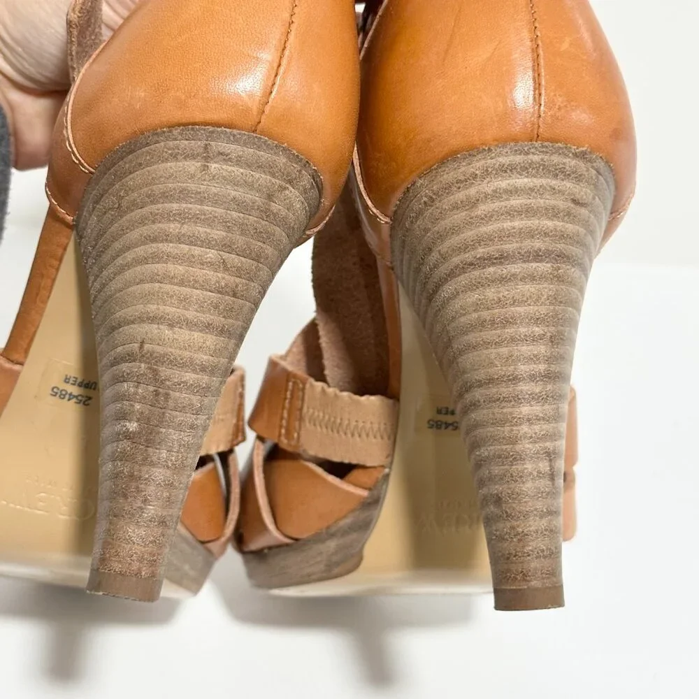 Jcrew Ares Platform Brown Tan Cognac Leather Strappy Sandal Heel Size 8